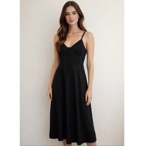 Sincerely Jules Corset Top Cotton Spaghetti Strap Midi Dress in Black
